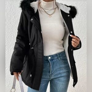 SHEIN Drawstring Waist Fuzzy Trim Hooded Parka Coat